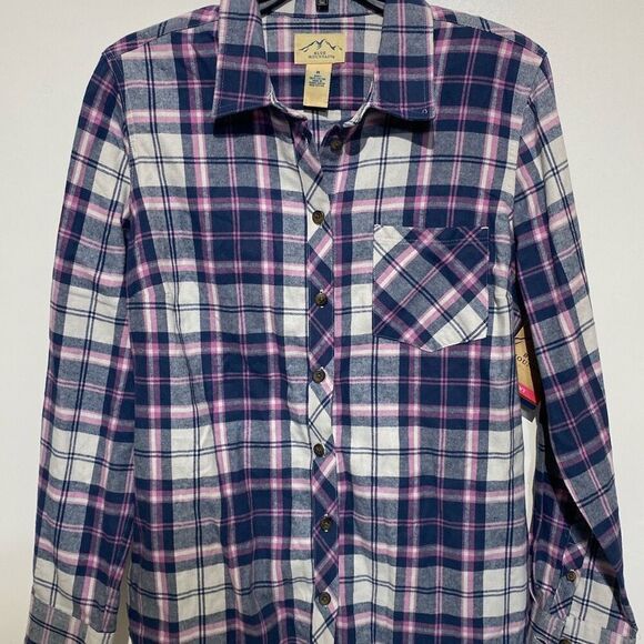 Blue Mountain Women's Navy Pink Plaid Cotton Button Up Flannel Shirt Medium NWT - Picture 1 of 8